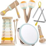 Baby Musical Instruments-Montessori Wooden Toys for Toddlers 1-3,Neutral Colors Percussion Instruments Set with Modern Boho Xylophone for Kids Preschool Educational 3+